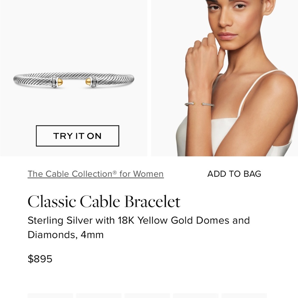 David Yurman Silver and Gold Diamond Cable Bracelet